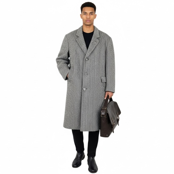 Vtg 80s Crombie Scotland pure wool grey herringbone tweed old money over coat - Picture 1 of 17